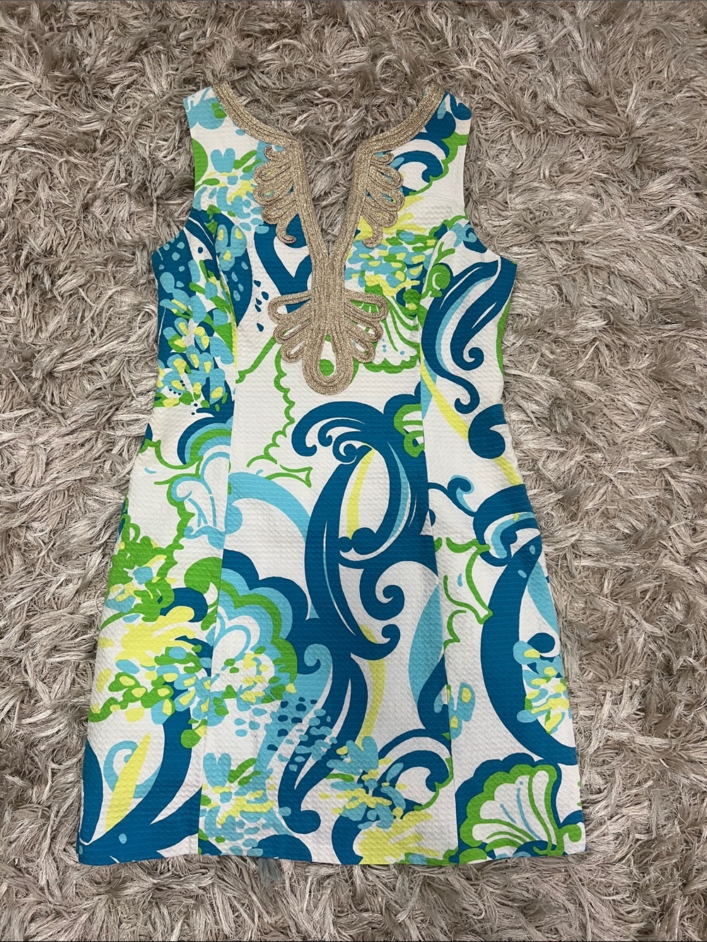 Lilly Pulitzer White Shift Dress with Blue, Teal & Lime Swirl Print
